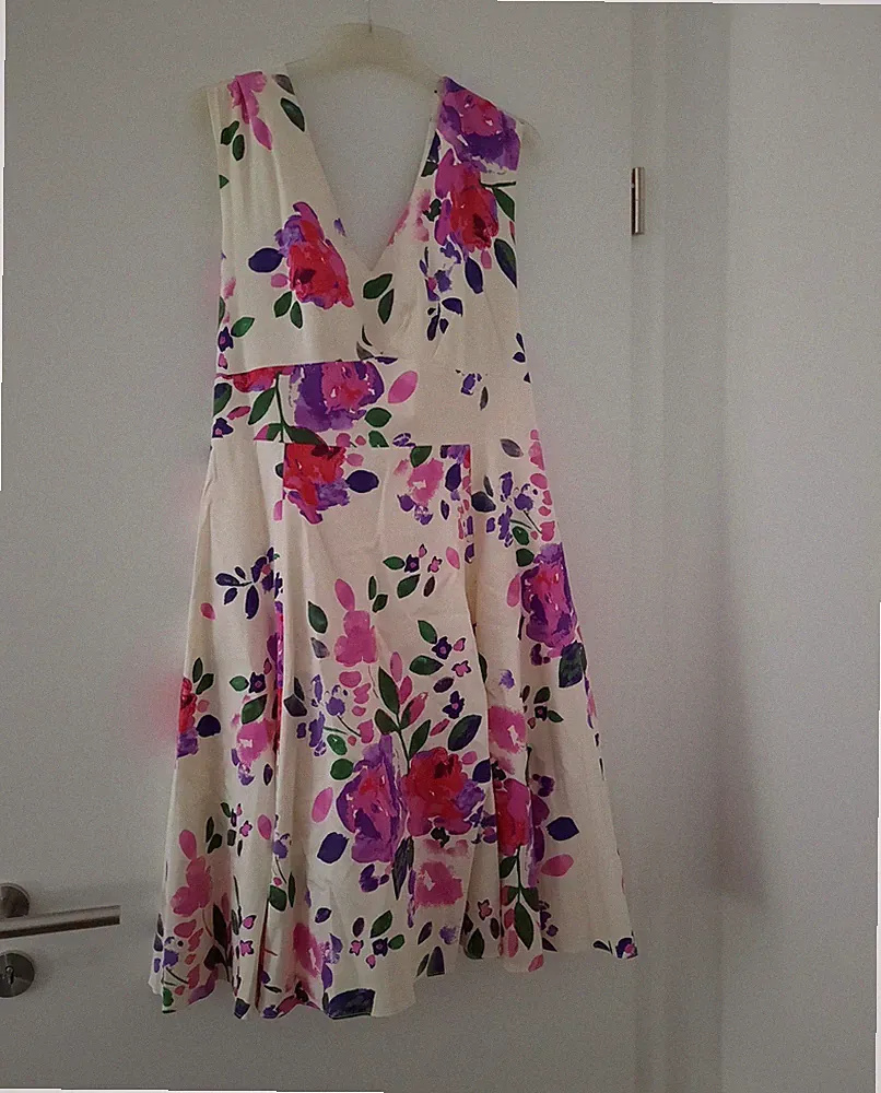 BHS Damen Midi-Kleid A-Linie ärmellos V-Ausschnitt Blumen elfenbein Gr. 50