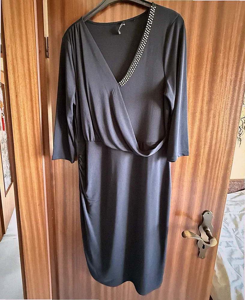 BiBA Damenkleid Schwarz Gr. L V-Ausschnitt 3/4-Arm Wickeloptik Strass