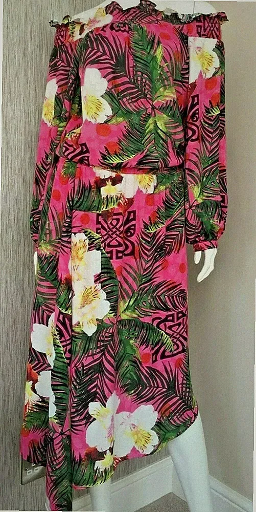 BIBA SCHULTERFREIES KLEID TROPISCHER DRUCK & LOGO BARDOT GRÖSSE UK 8-10 NEU MIT ETIKETT