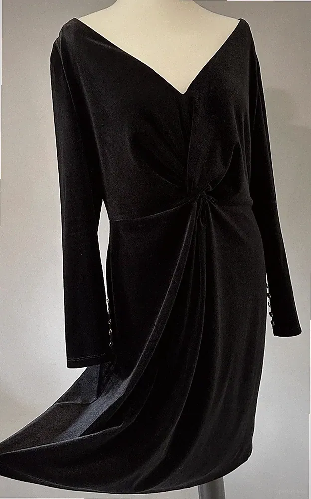 Biba schwarz gold Samt Velours Bardot wackelnd dehnbar figurbetont Midikleid UK 14