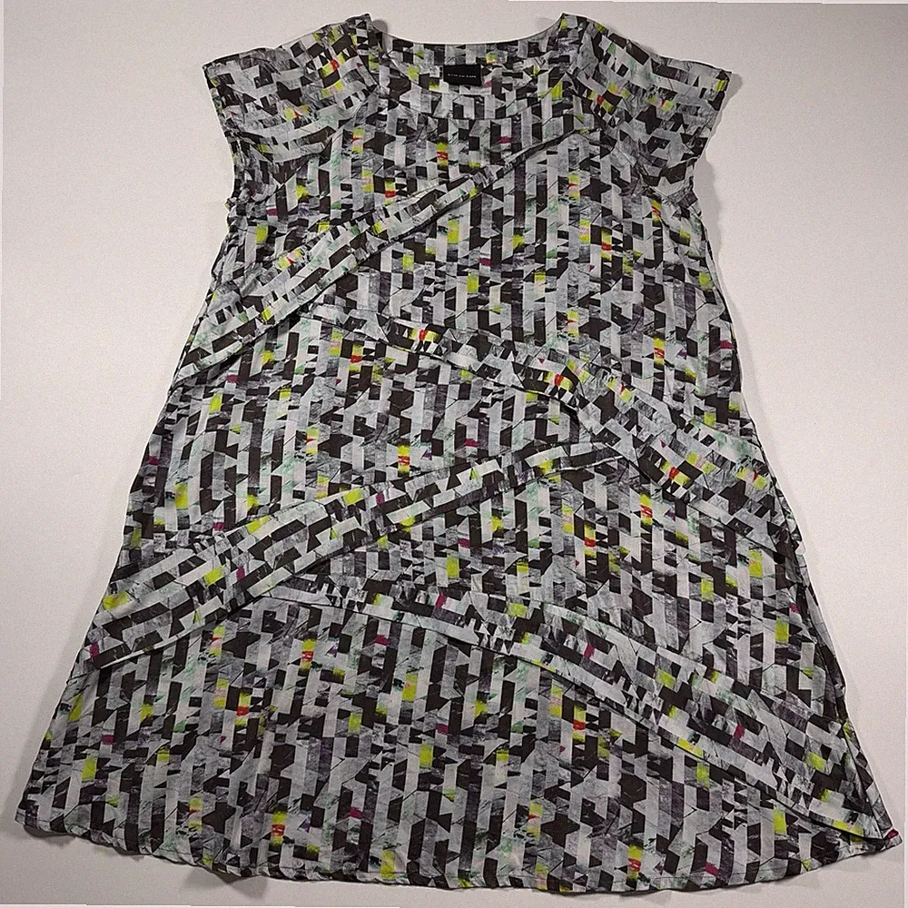 Bitte Kai Rand Damen Kleid A-Linie 100% Seide Größe XL Abstraktes Muster Flügelärmel