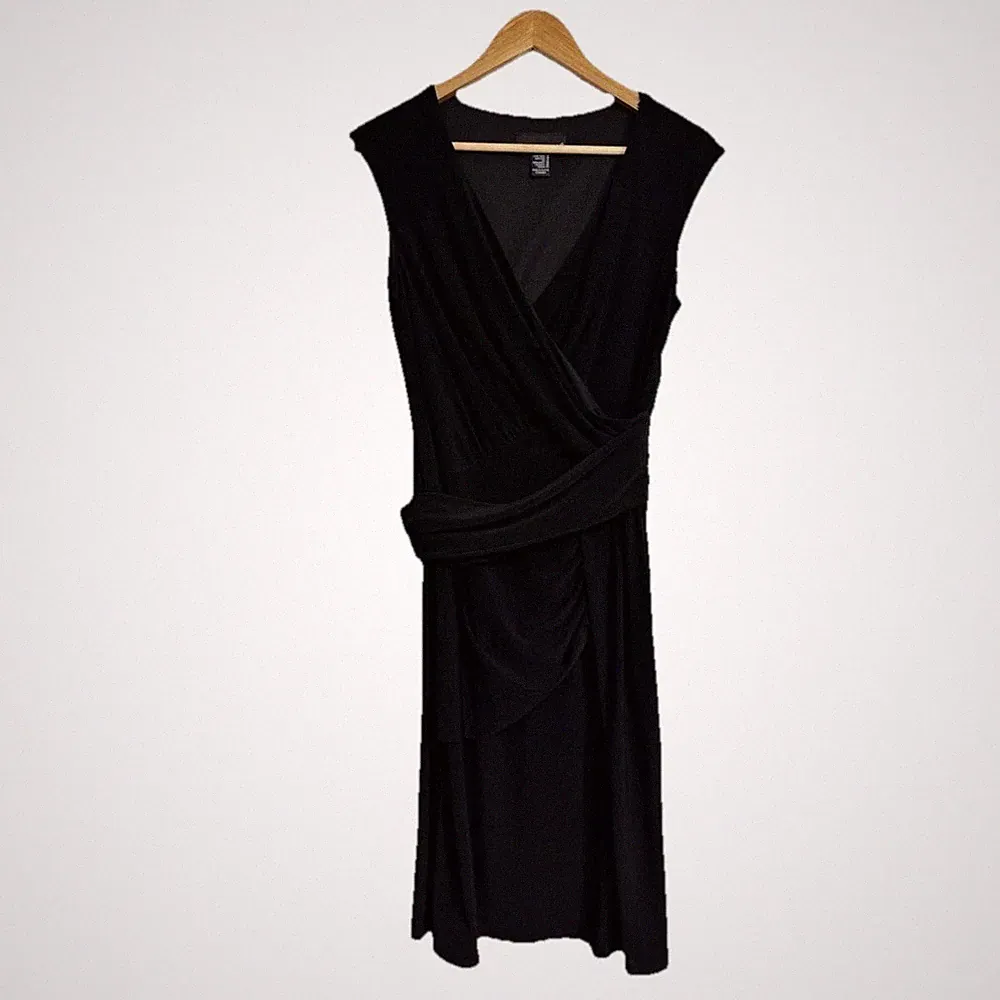 Black Faux Wrap Dress Women Size 10 Midi Cocktail Wedding Guest Sleeveless