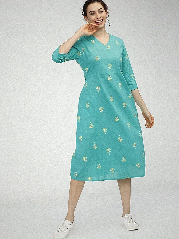 Blau Blumen Ethno A-Linie Midikleid V-Ausschnitt 3/4 Arm Indisch Vintage SALE