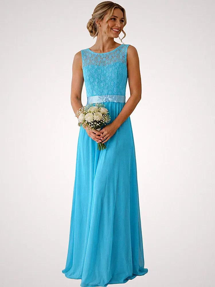 Blau Spitze Brautjungfernkleid Abschlussball Abend Party Maxikleid Small 170 cm Brandneu