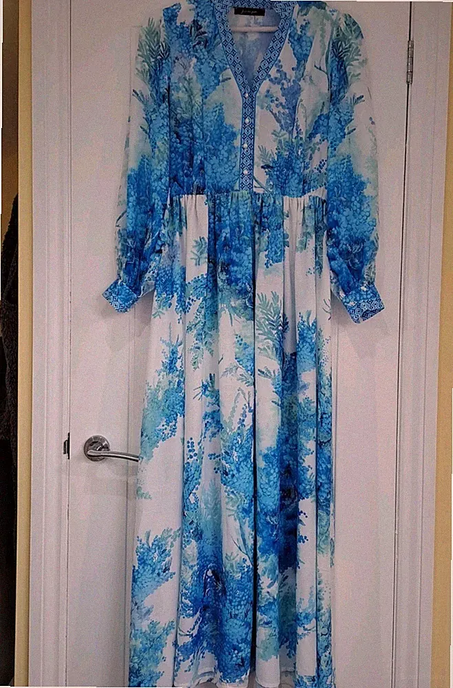 Blau Weiß Blumen Floaty Maxikleid Boho Sommer S/M Hochzeit Gast Rennen Boutique
