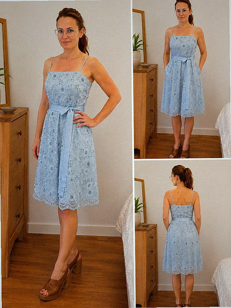 Blaues Spitzen Cocktailkleid Midi A-Linie Blumen Pailletten/Perlen Binde