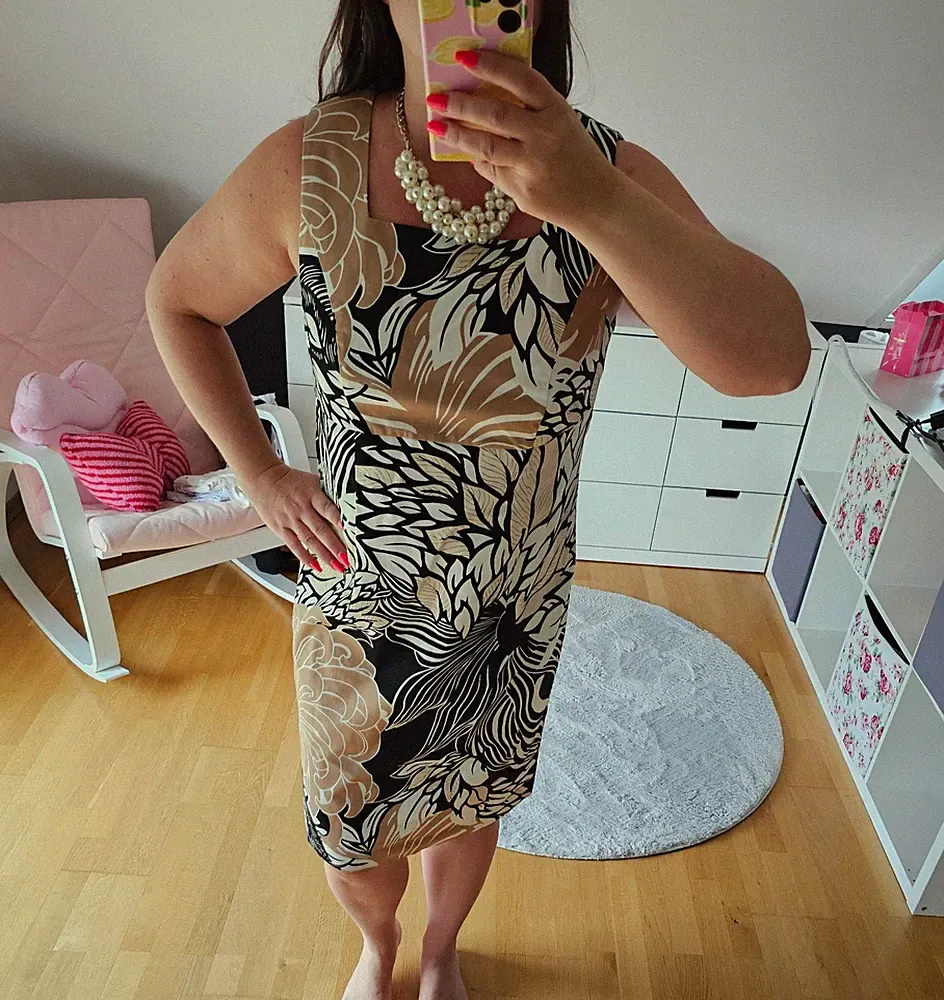 ♥ Blogger B.p.c. Bonprix Etuikleid Kleid beige schwarz weiß geblümt 40 42 ♥