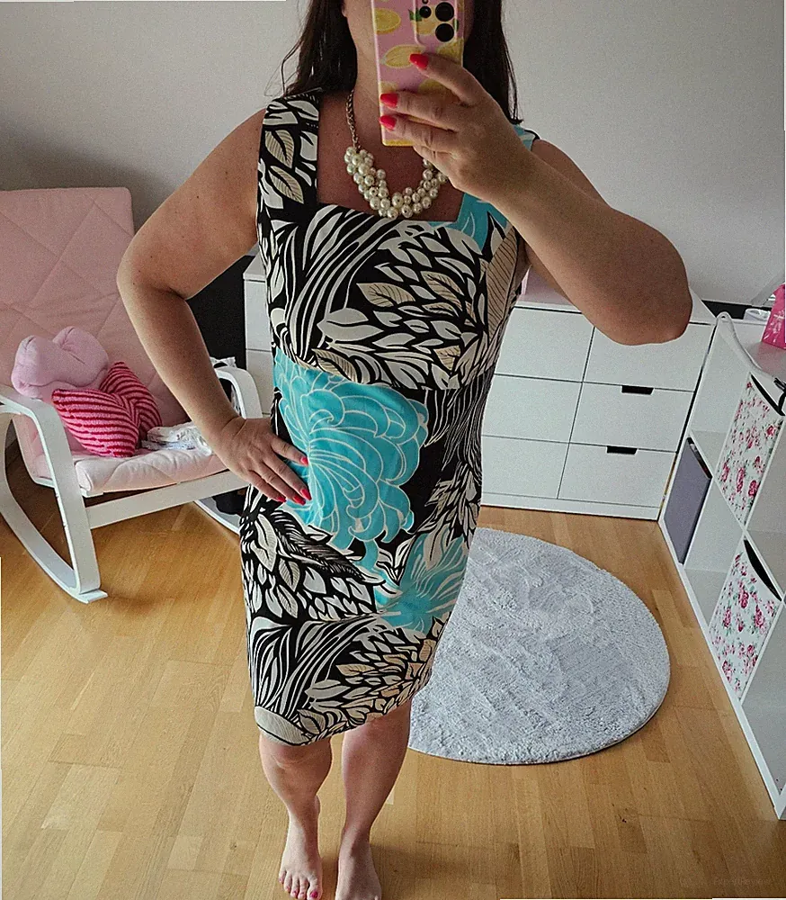 ♥ Blogger B.p.c. Bonprix Etuikleid Kleid türkis schwarz weiß geblümt 40 42 ♥