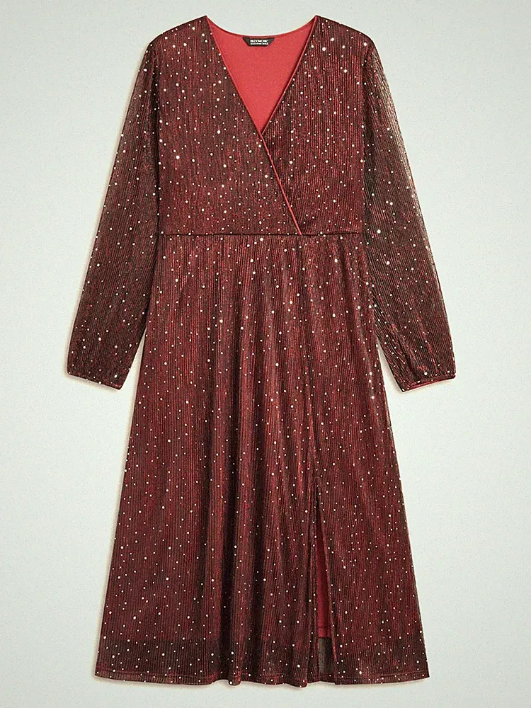 BloomChic Midikleid Übergröße 22 24 Burgunderrot Pailletten Crossover Hochzeitsgast
