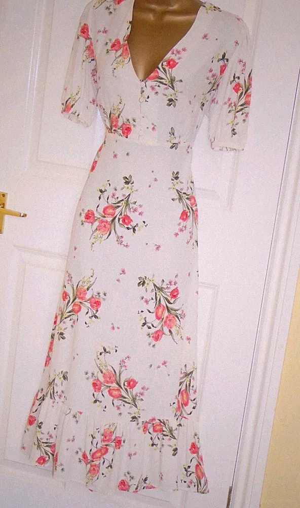 Blumen Midi Tee Kleid Größe 14 Creme Vintage Stil Sommer Hochzeit Gast Urlaub
