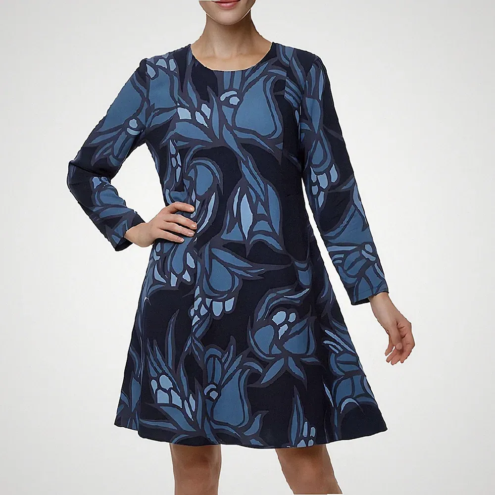 Blumenkleid A-Linie, Langarm Blau Botanical Print Blumen, Größe 36, S