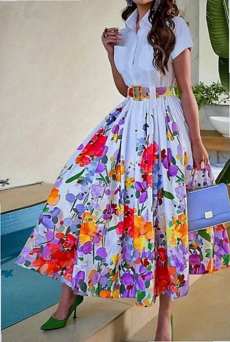 Blumenmuster Knopfverschluss A-Linien Kleid, Lässiges Kurzarmkleid für Frühling