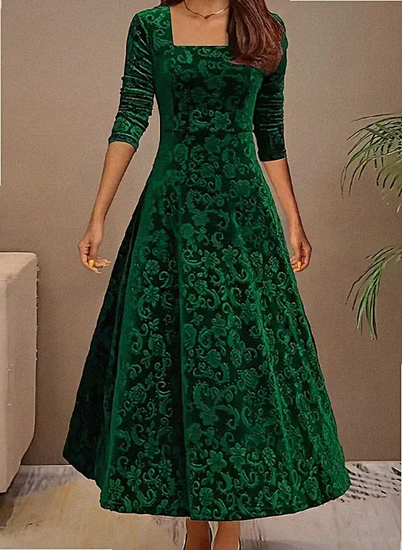 Blumiges Muster, Quadratischer Ausschnitt, Samtkleid, Elegantes A-Linien-Kleid