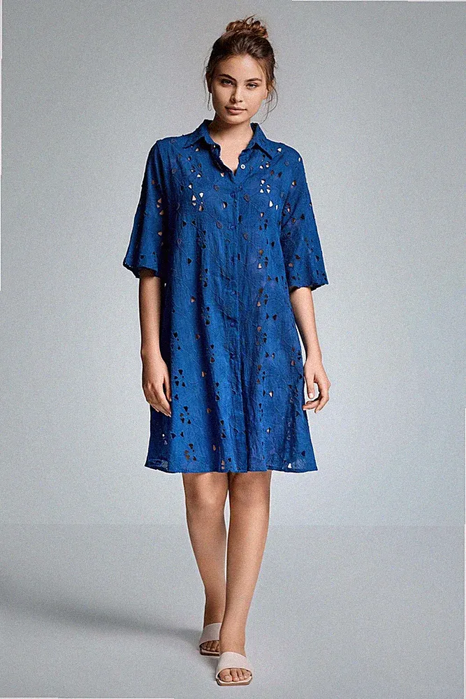 Blusenkleid mit Ärmeln Farbe Blau Baumwollspitze Iconique IC26-003
