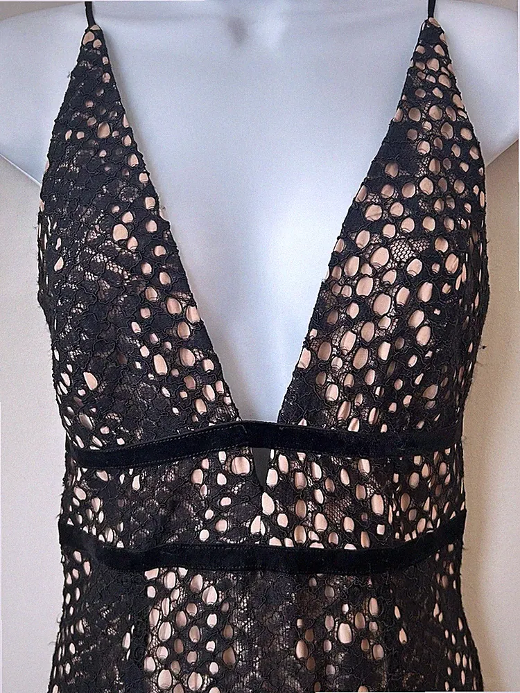 BNWT Slip Dress Black Lace with Velvet Trim 90s sheer midi Wedding Guest