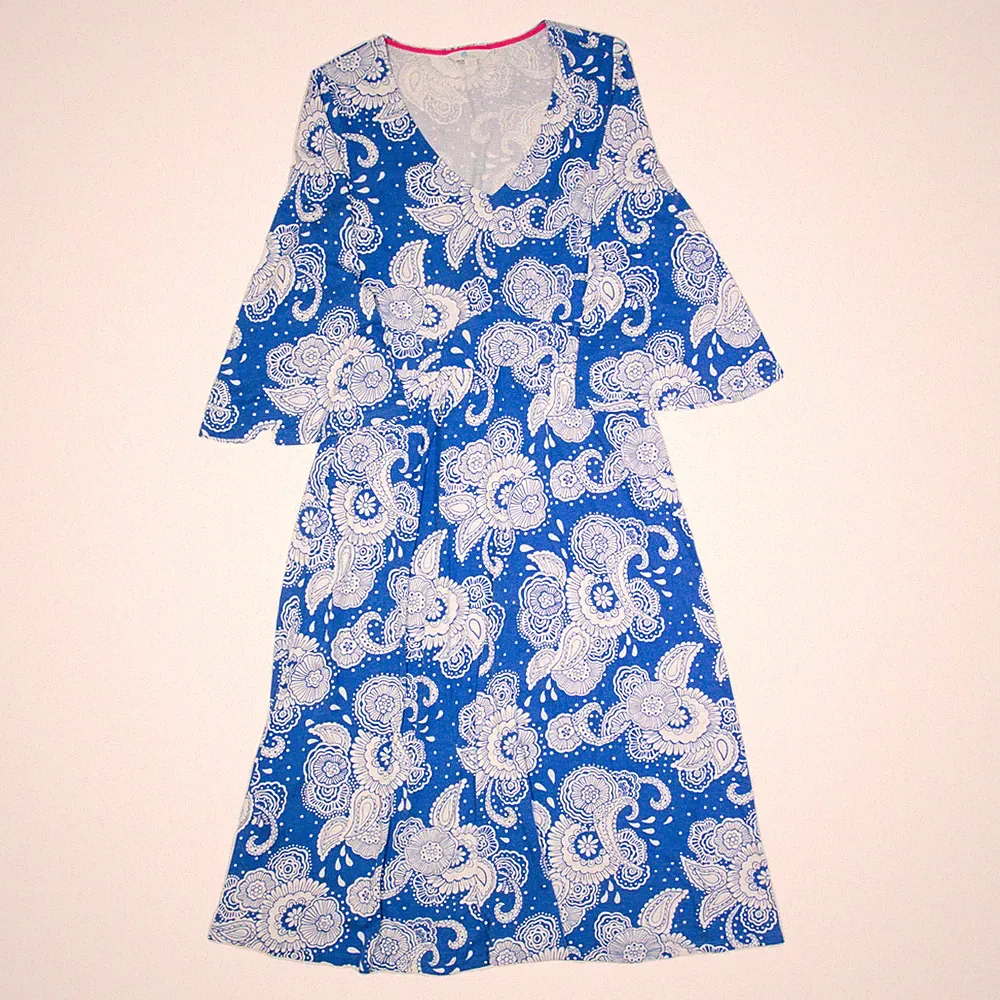 BODEN A-Linie Kleid Blau Paisley Knielang UK 12 V-Ausschnitt 3/4-Ärmel