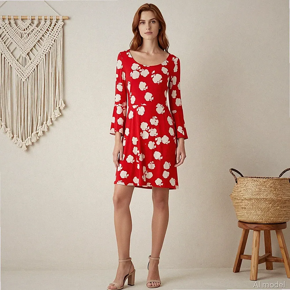 Boden Boho Retro Knielang Kleid Rot Weiß Blumen Jersey Hänger Langarm Gr. 38