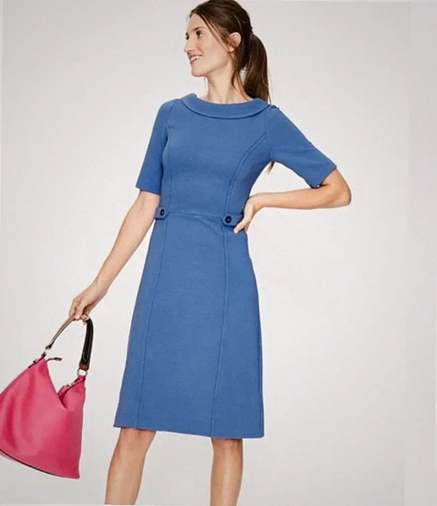 Boden Damen Etuikleid Blau unifarben Knielang Kurzarm Rundhals Gr. 32