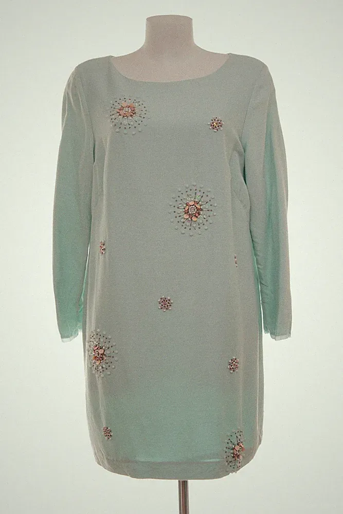 Boden Damen Kleid Gr. UK 18L (DE 44 Lang) Wolle Seide Mintgrün Pailletten