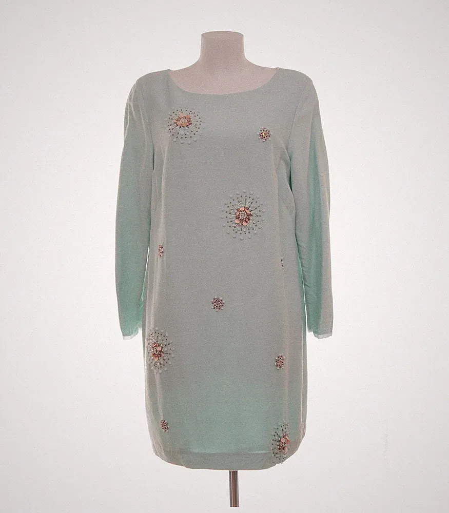 Boden Damen Kleid Gr. UK 18L (DE 44 Pailletten Lang) Mintgrün Wolle Seide