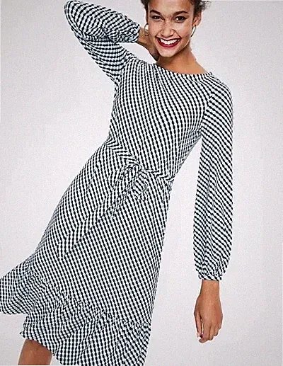 Boden Holly blaues geometrisches A-Linien-Midikleid mit Gürtel, Größe 12...