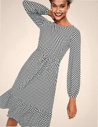 Boden Holly blaues geometrisches A-Linien-Midikleid mit Gürtel, Größe 12 Langarm