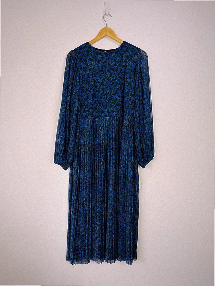 Boden Kleid Damen Gr. 14 Blau Schwarz Midi Plissee Netz Transparent Lang Ballonärmel