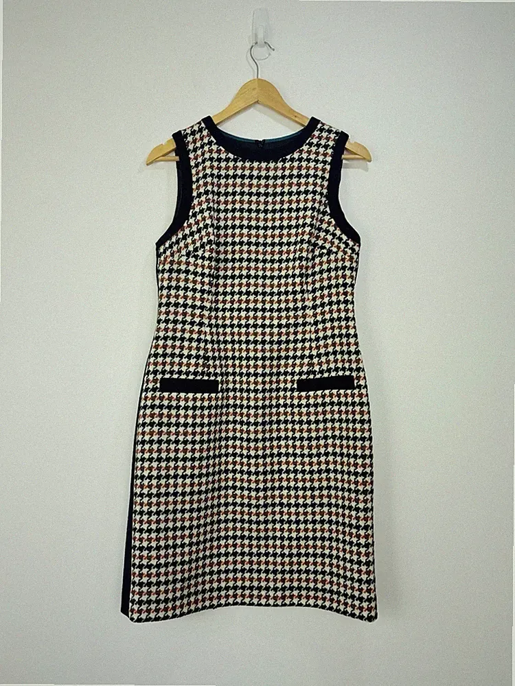 Boden Kleid Damen Größe 12 L marine elfenbein Tweed von Moon Wolle Hahnentritt kariert groß