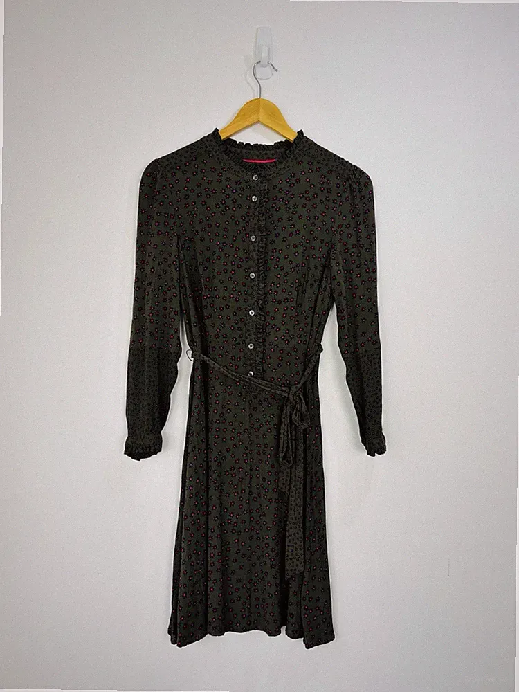 Boden Kleid Damen Größe 12 Zierlich Khaki Grün Rosa Blumenmuster Geknöpft Rundhalsausschnitt Gürtel