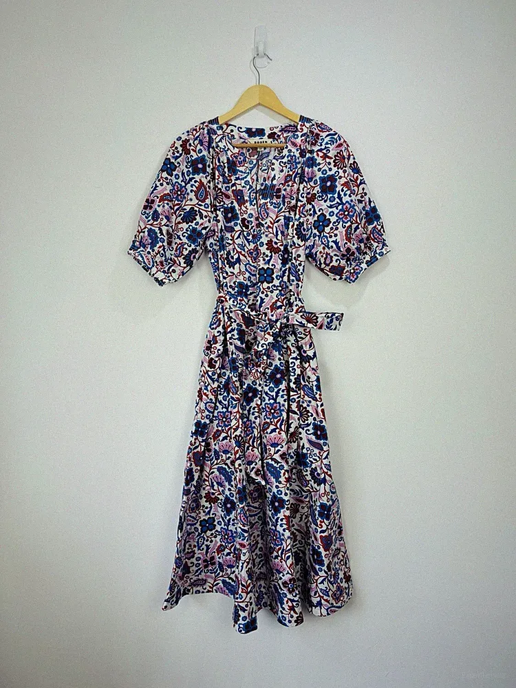 Boden Kleid Damen Größe 14 Blau Burgund Rosa Blumen Midi Puffärmel Baumwollgürtel