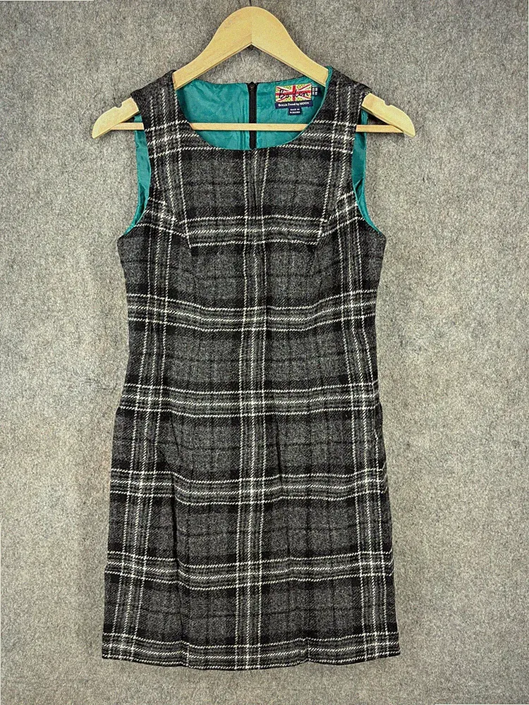 Boden Kleid Damen Größe UK 12R Grau Wolle Kariert Tweed Ärmellos Moon Tweed