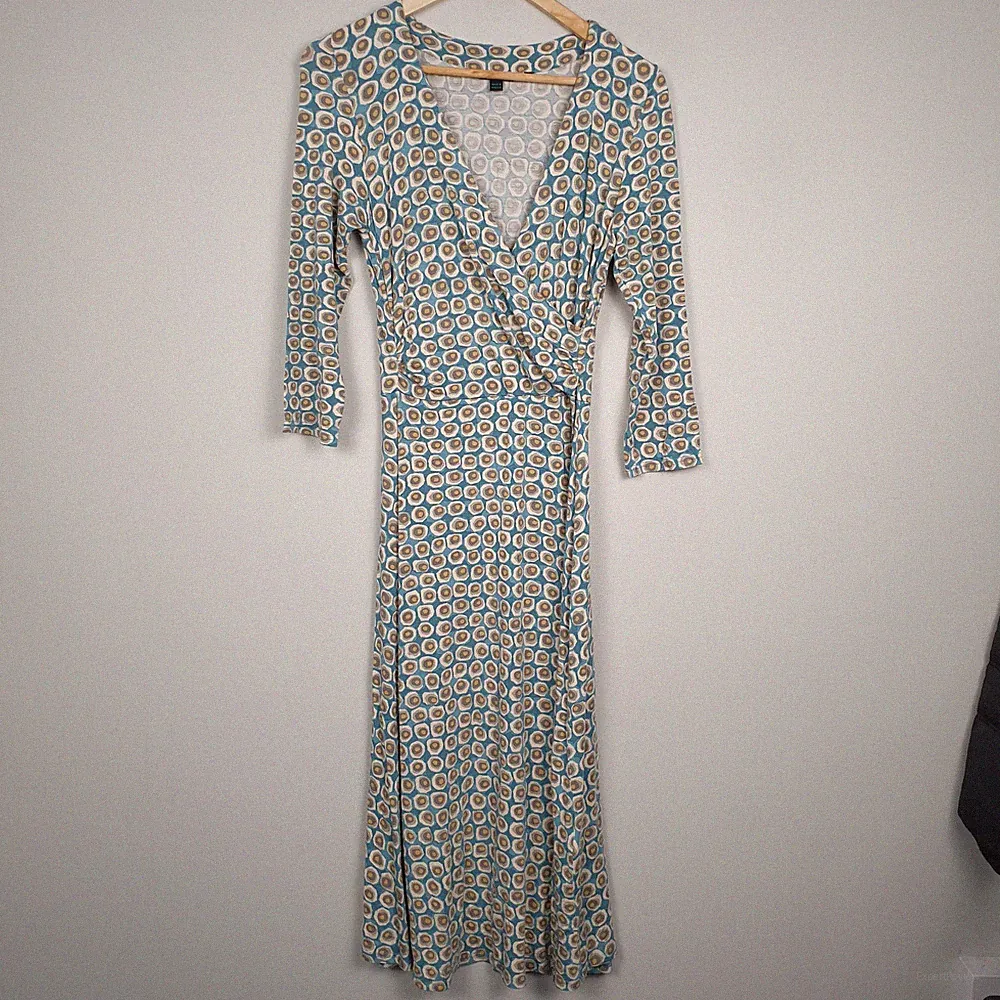 Boden Kleid Damen UK 12 L Blau Multi Geometrisches Muster Midi Stretch Smart Freizeit
