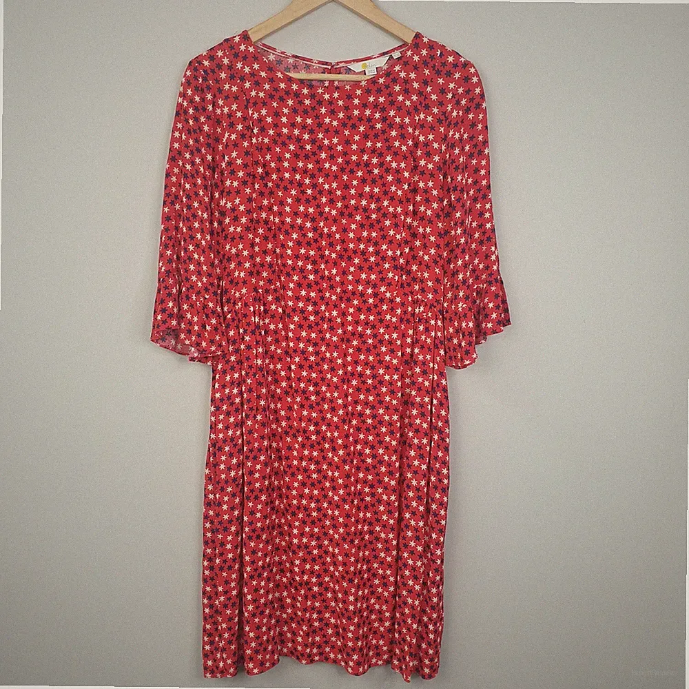Boden Kleid Damen UK 16 L rot Blumen Hyazinthe Relaxed Fit Schlagärmel Taschen