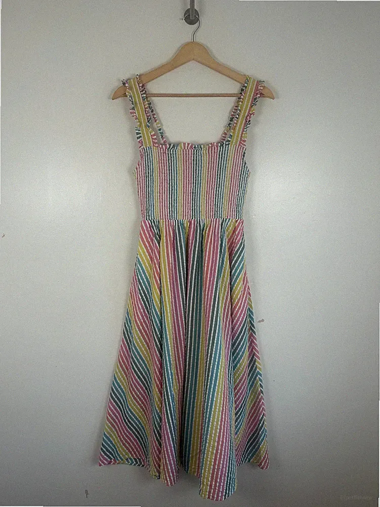 Boden Kleid Gr. 12 Regenbogen Midi gesmokt lang gestreift Rüschen Sommer Urlaub
