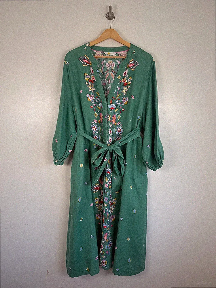 Boden Kleid Gr. 22 grün 100% Leinen Blumen Midi Shirt Gürtel Addie V-Ausschnitt