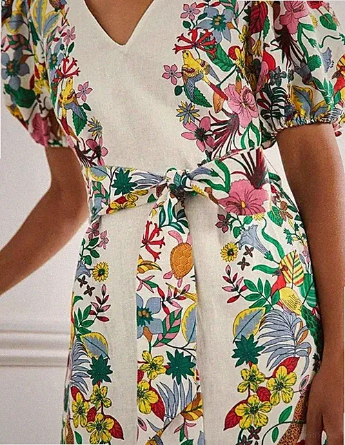 Boden - Puff Sleeve Linen Midi Dress - Kleid Sommer Leinen NEU UK 10 EU 38