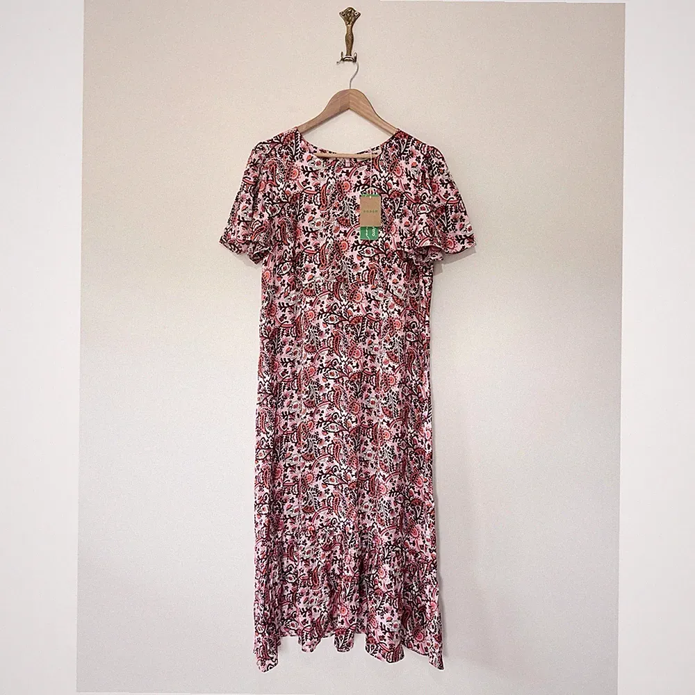 Boden Satin Paisley Midikleid UK 20 Reg rosa Stufen geriffelte Ärmel Hochzeit Gast