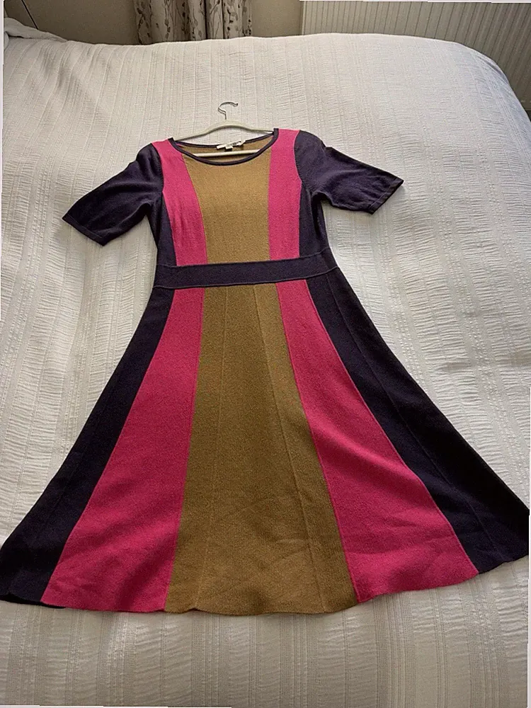 Boden Strickkleid lila rosa hellbraun Baumwollmischung Größe 14 Colourblock-Streifen