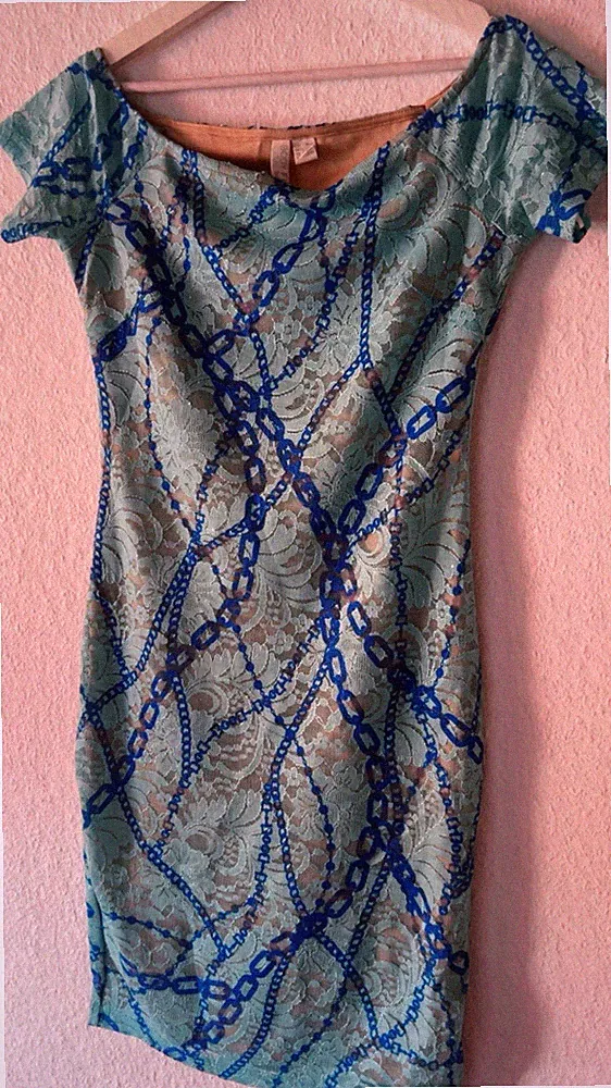 Body Flirt Damen Etuikleid Blau Türkis Spitze Kurzarm Rundhals Stretch Gr. 38/40