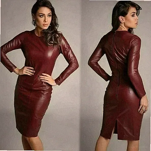 Bodycon-Kleid aus weinrotem Leder für Damen | Skinny-Kleid aus echtem Lammfel...