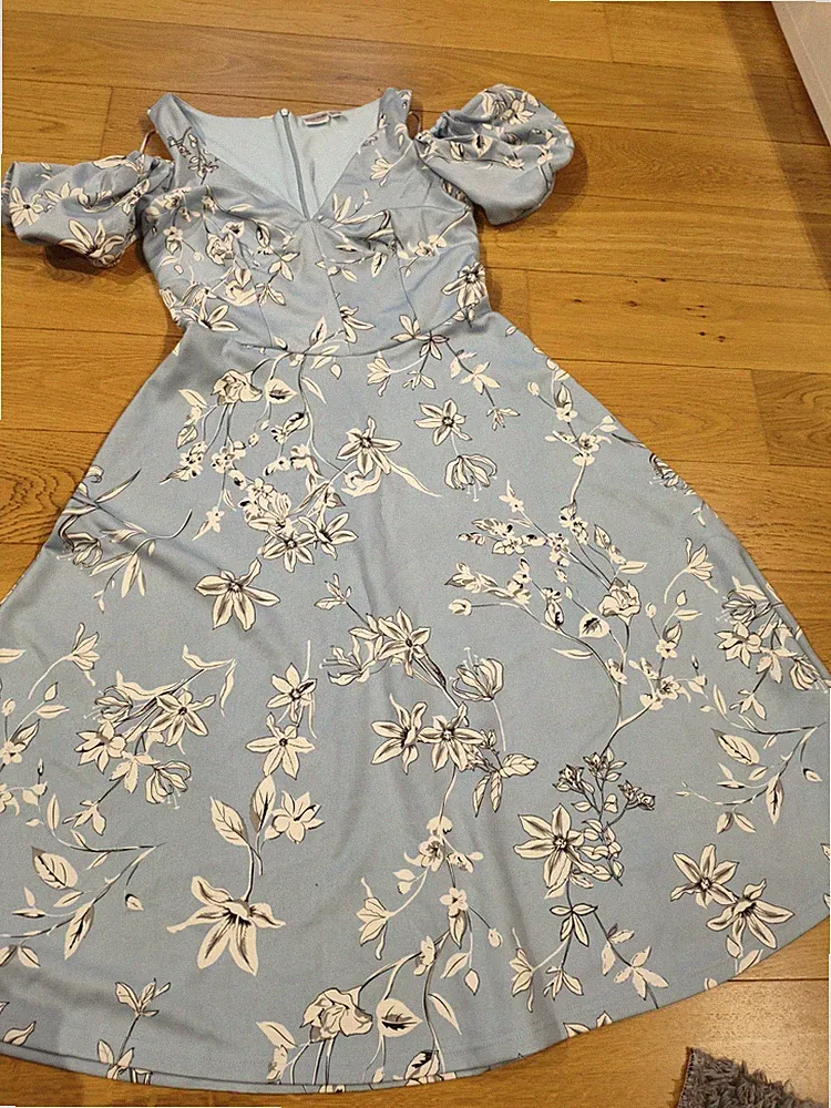Bodyflirt Damen Midi A-Linie Kleid Blau/Weiß Blumen Puffärmel V-Ausschnitt S