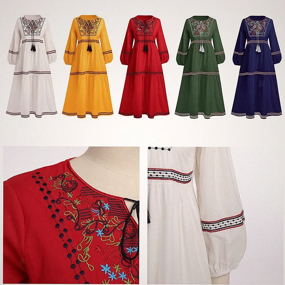 Böhmisches Kleid mit Langen Ärmeln für Reisen, Baumwolle Und Leinen A Linie