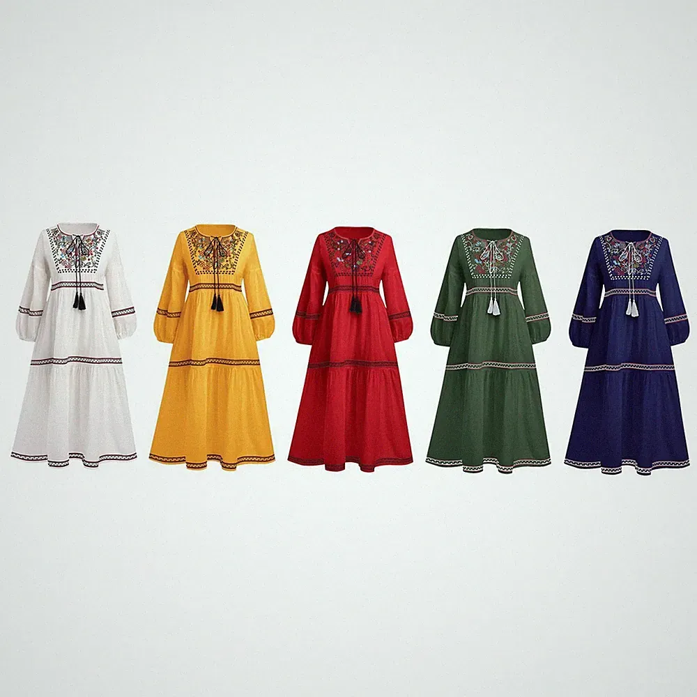 Böhmisches Langarmkleid A-Linie Traditionell mit Blumenstickerei