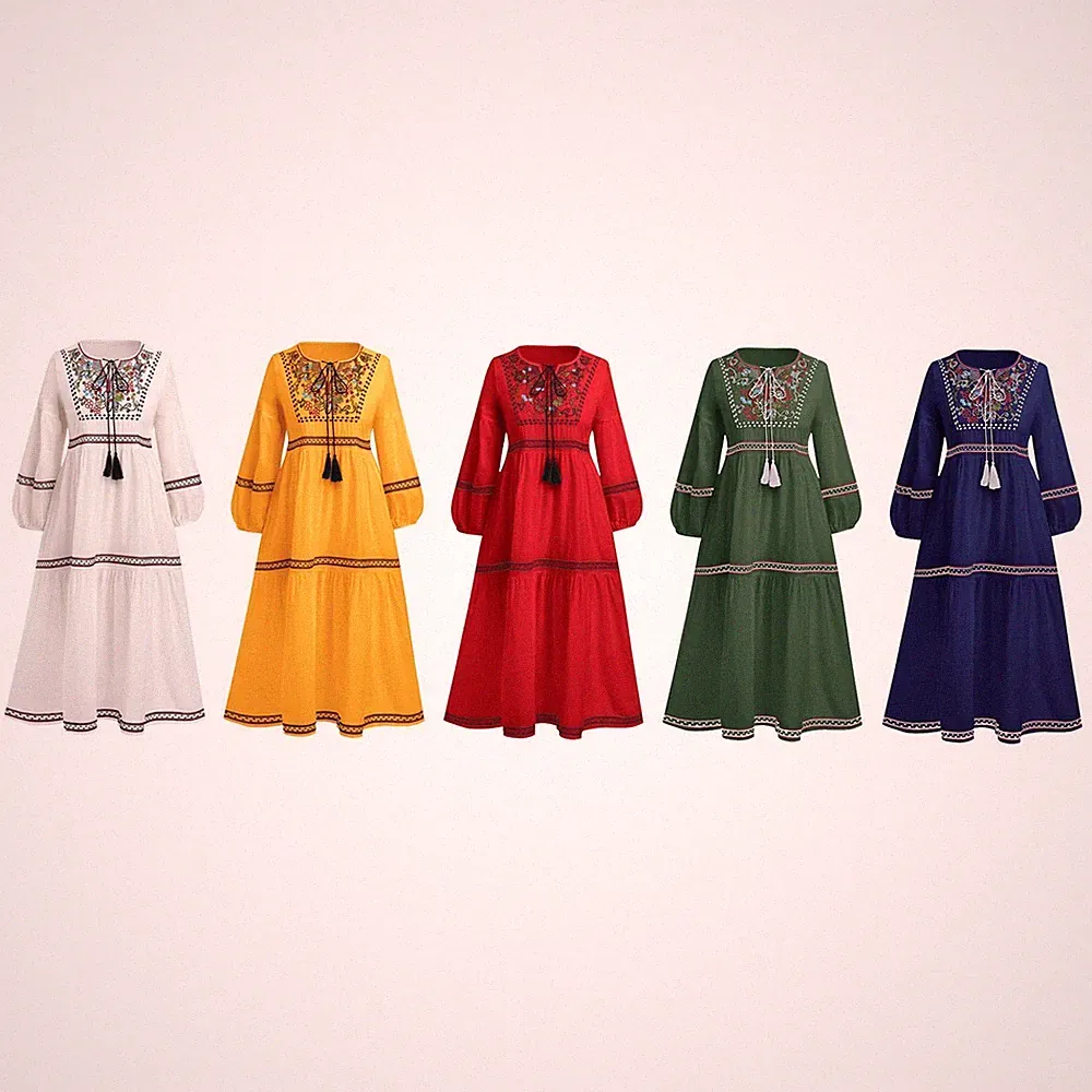 Böhmisches Langarmkleid, Urlaub, lässig, A Linie, Blumenstickerei, Stickerei