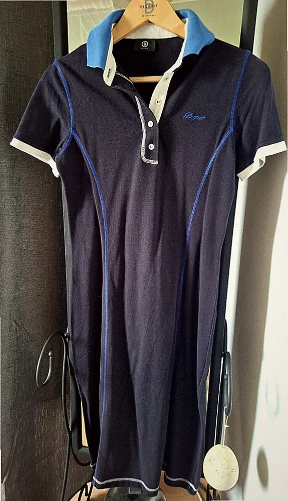 BOGNER Figur Strech Etui Kleid Polokragen Gr. M 38 blau Sportlich Knopfleiste