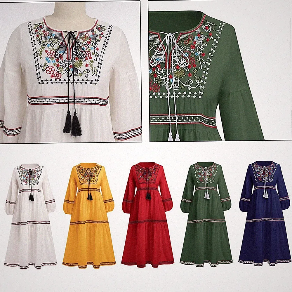Bohemian Langarm Kleid A Linie Schwere Stickerei Reise Floral Bestickt