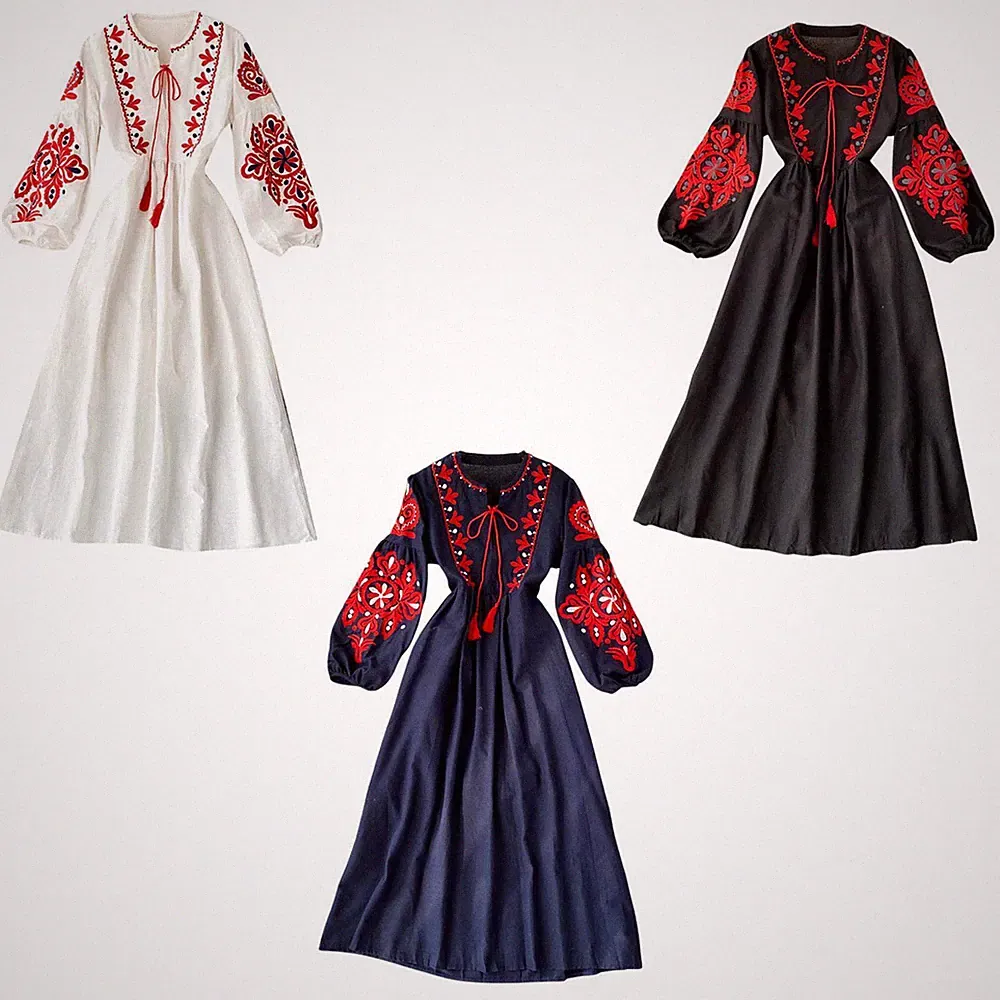 Bohemian Langarm Kleid Laternenärmel Urlaub locker A Linie bestickt