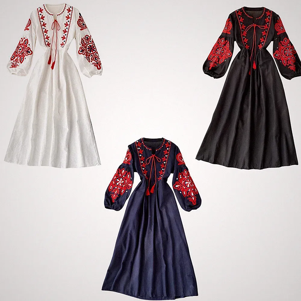 Bohemian Langarm Kleid locker Urlaub A Linie Laternenärmel für Frühling