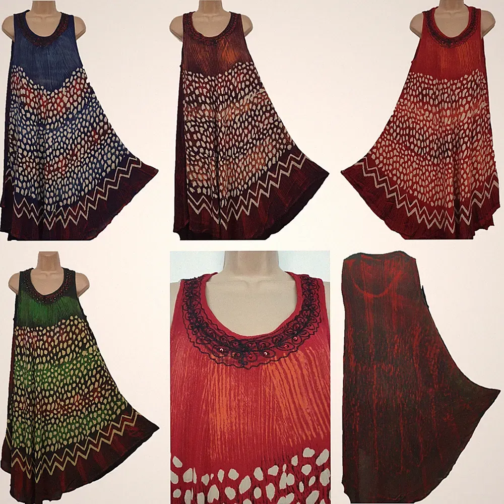 Boho Batik Kleid Tunika Sommer ärmellos bestickt Strand Urlaub One Size