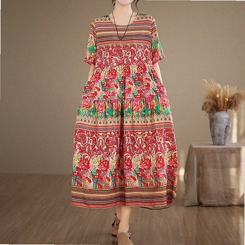 Boho Damen Midi Sommerkleid Floral A-Linie Kurzarm Rundhals Polyester